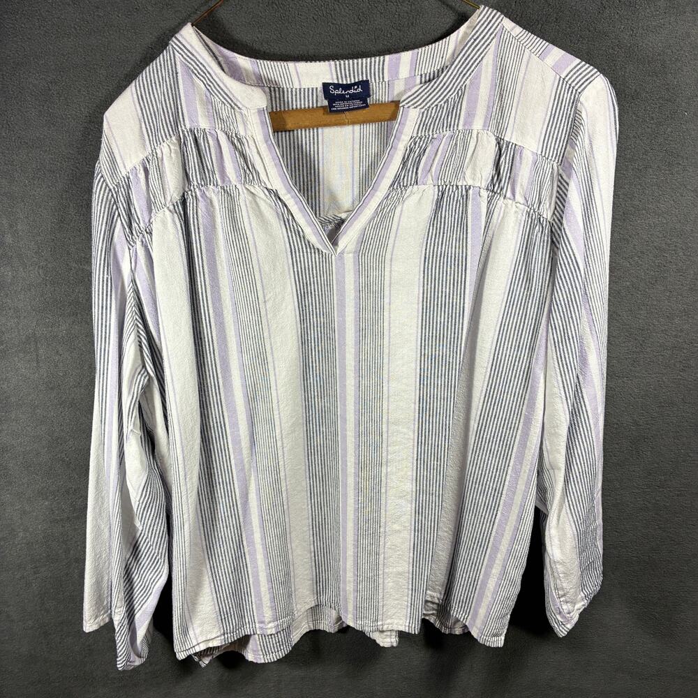 splendid‎ women linen blend top medium white coastal beachy vacation striped